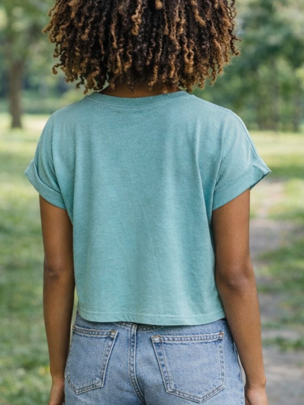 Zenana Premium Cotton High Thread Count Rolled Short Sleeve Dusty Teal Tee Shirt - Picture 2 of 7